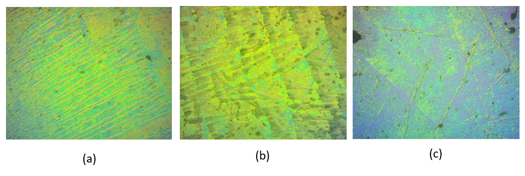 Films for Silicon Wafer substrate with (a)75%(TIPS-Pentacene:Polystyrene(PS) at 1.5 inches (b)75%(TIPS-Pentacene:PS) at 4 inches (c) 25%(TIPS-Pentacene:PS) at 6 inches